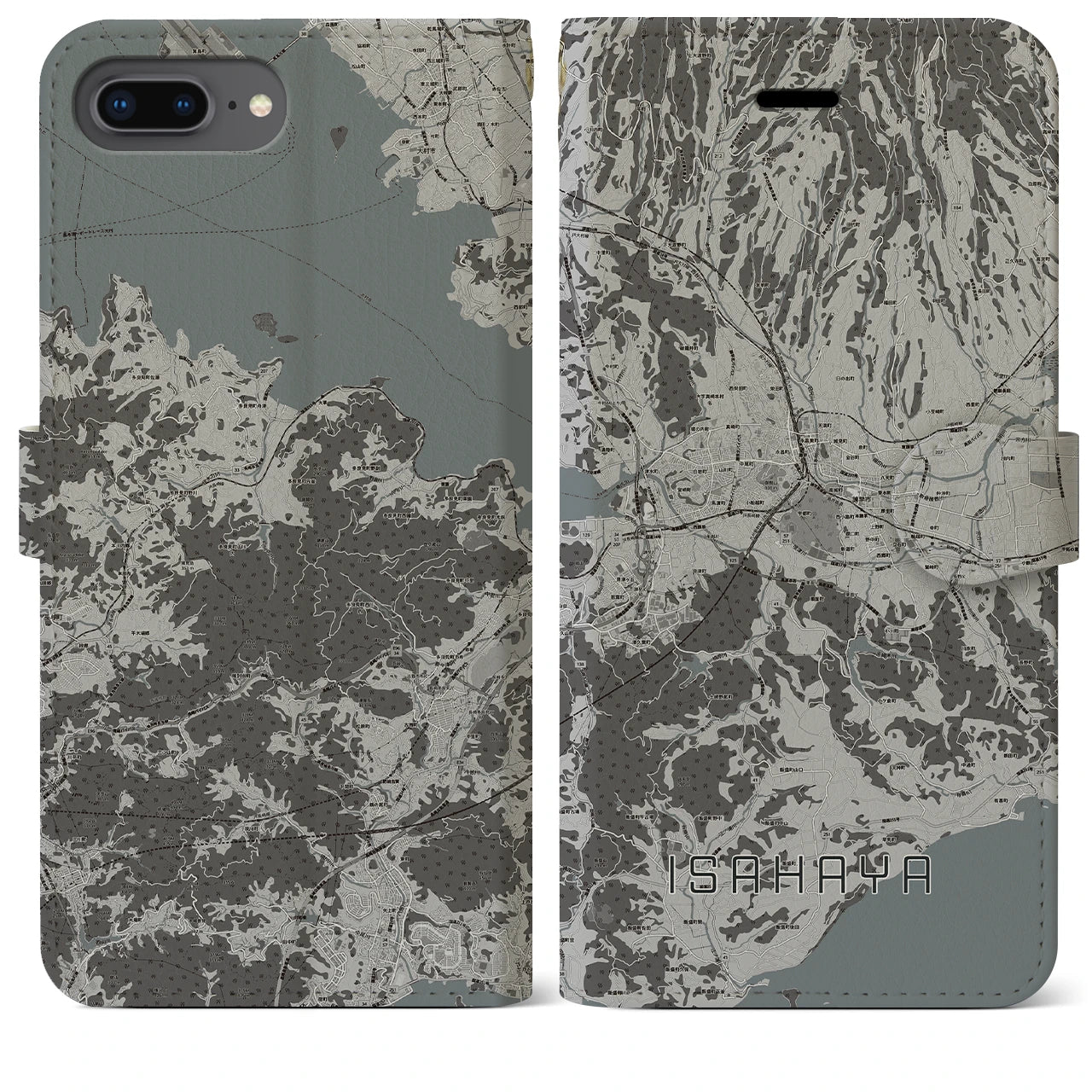 【諫早(長崎県)】地図柄iPhoneケース(手帳タイプ)モノトーン・iPhone 8Plus /7Plus / 6sPlus / 6Plus 用