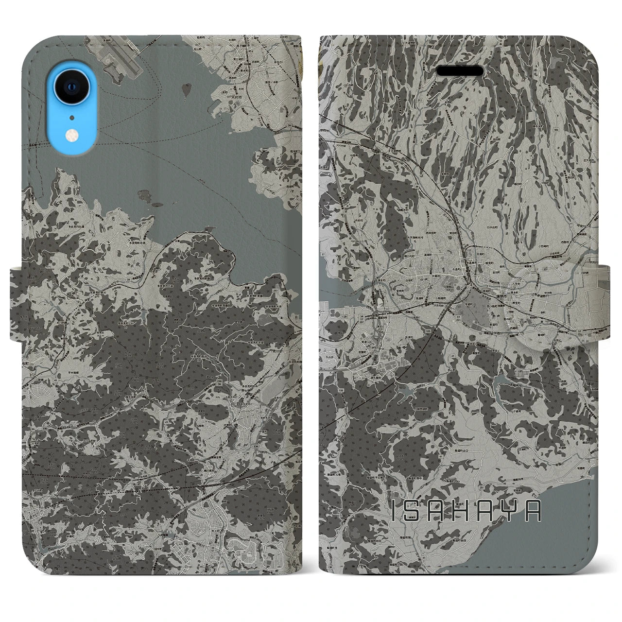 【諫早(長崎県)】地図柄iPhoneケース(手帳タイプ)モノトーン・iPhone XR 用