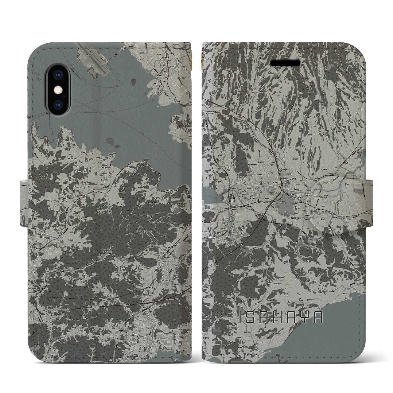 【諫早(長崎県)】地図柄iPhoneケース(手帳タイプ)モノトーン・iPhone XS / X 用