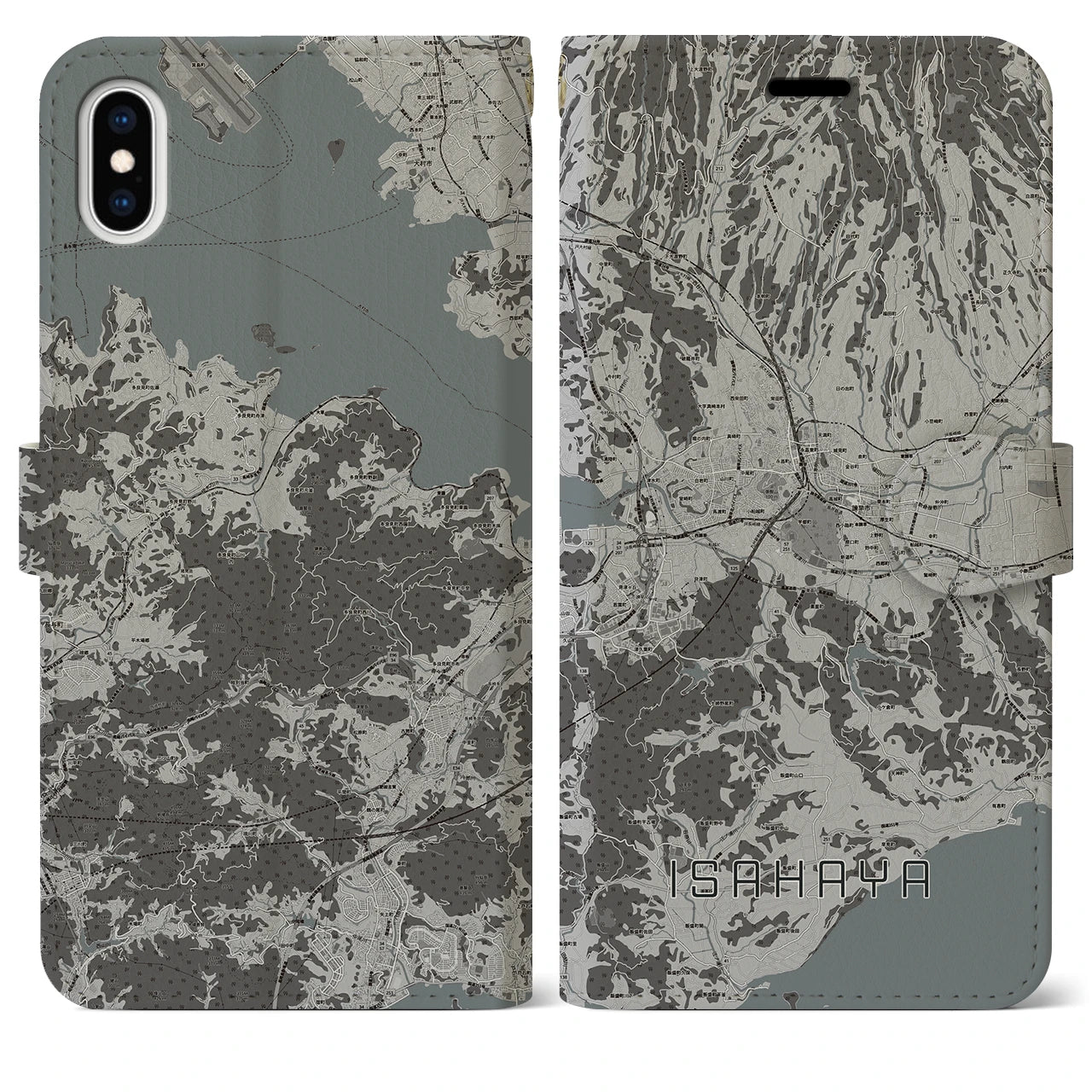 【諫早(長崎県)】地図柄iPhoneケース(手帳タイプ)モノトーン・iPhone XS Max 用