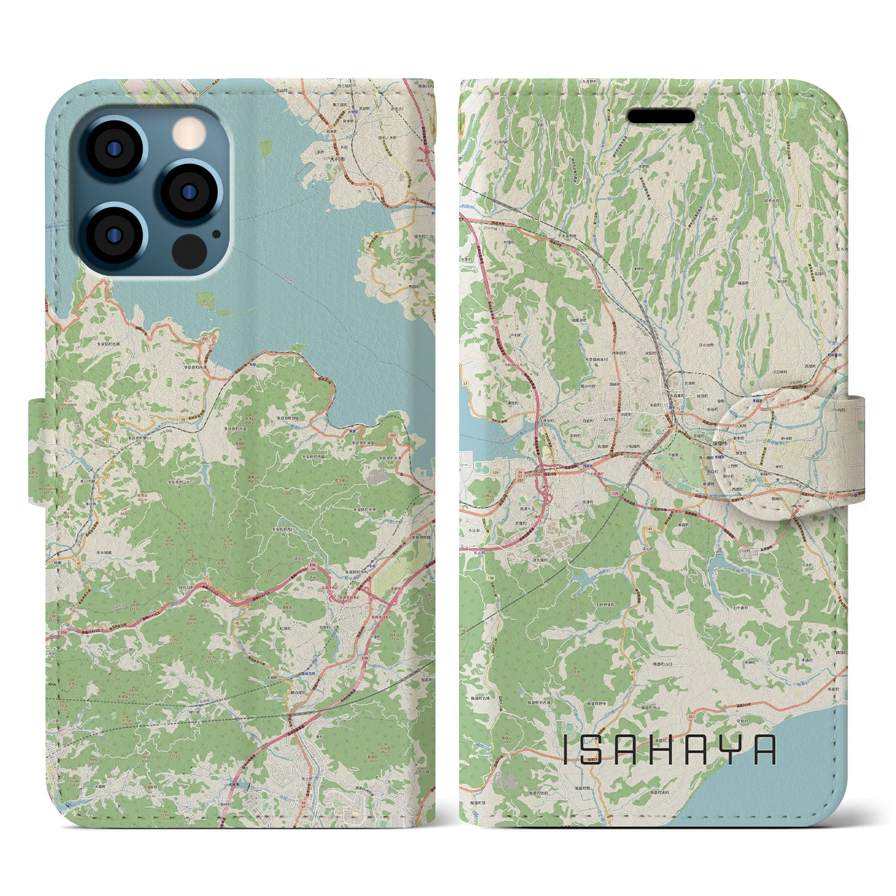 【諫早(長崎県)】地図柄iPhoneケース(手帳タイプ)ナチュラル・iPhone 12 / 12 Pro 用