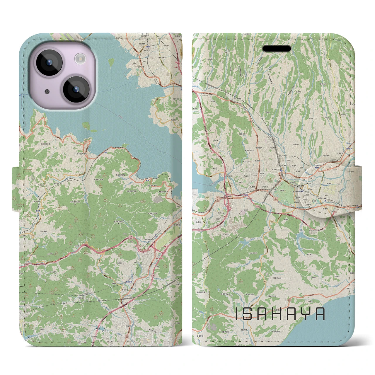 【諫早(長崎県)】地図柄iPhoneケース(手帳タイプ)ナチュラル・iPhone 14 用