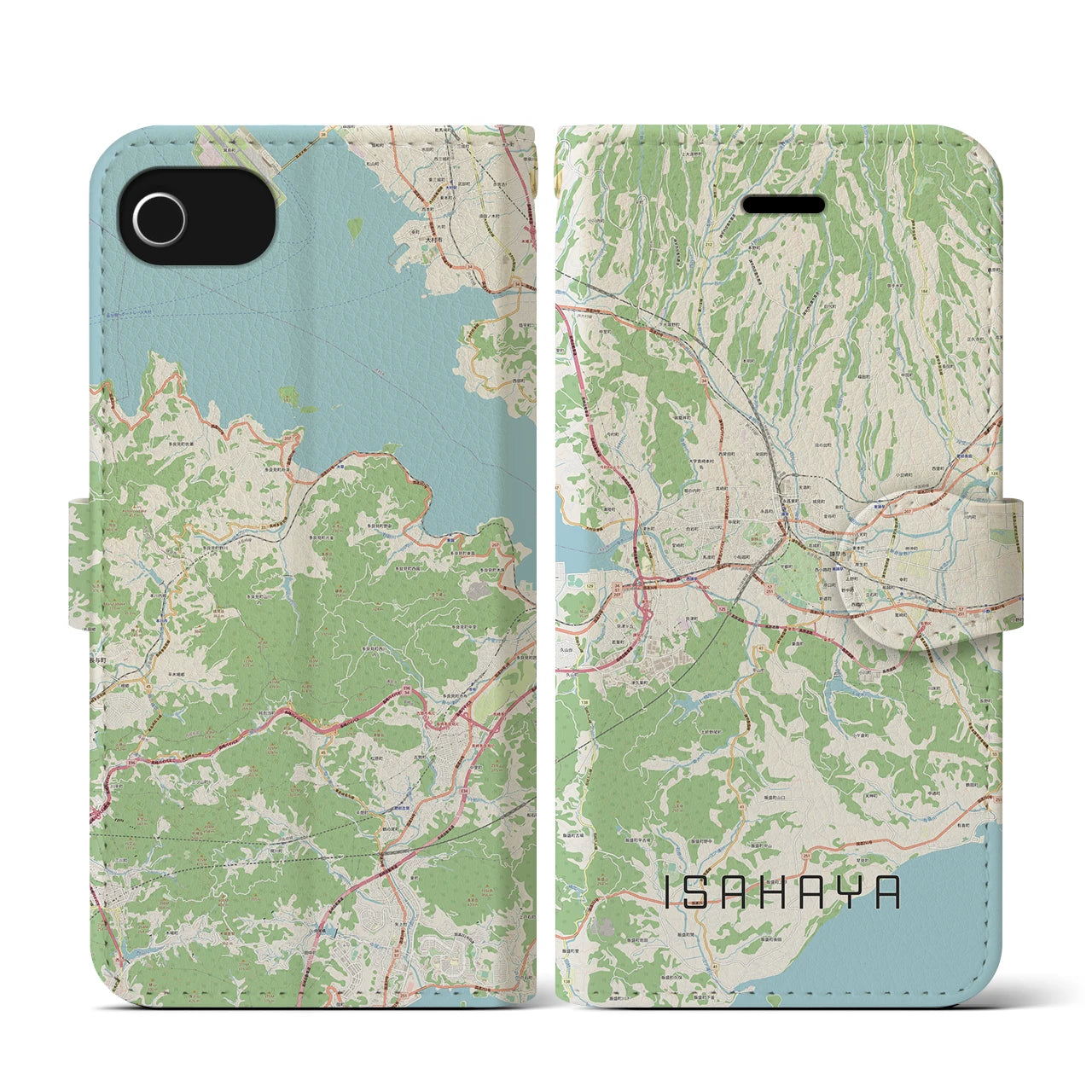 【諫早(長崎県)】地図柄iPhoneケース(手帳タイプ)ナチュラル・iPhone SE(第3 / 第2世代) / 8 / 7 / 6s / 6 用