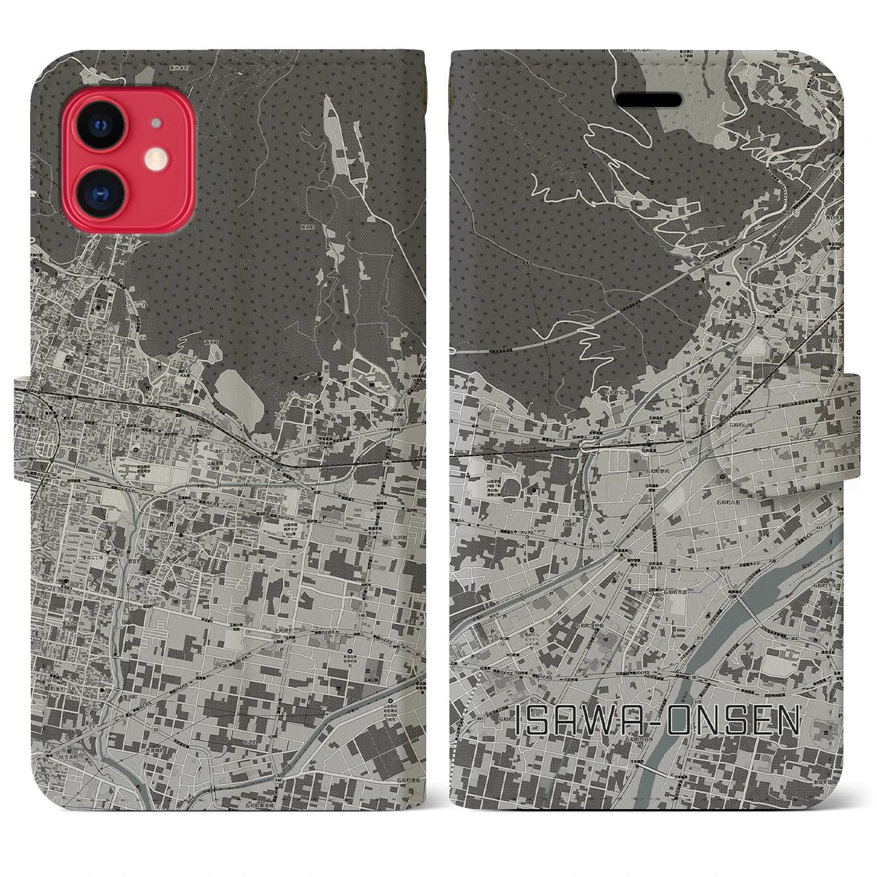 【石和温泉(山梨県)】地図柄iPhoneケース(手帳タイプ)モノトーン・iPhone 11 用
