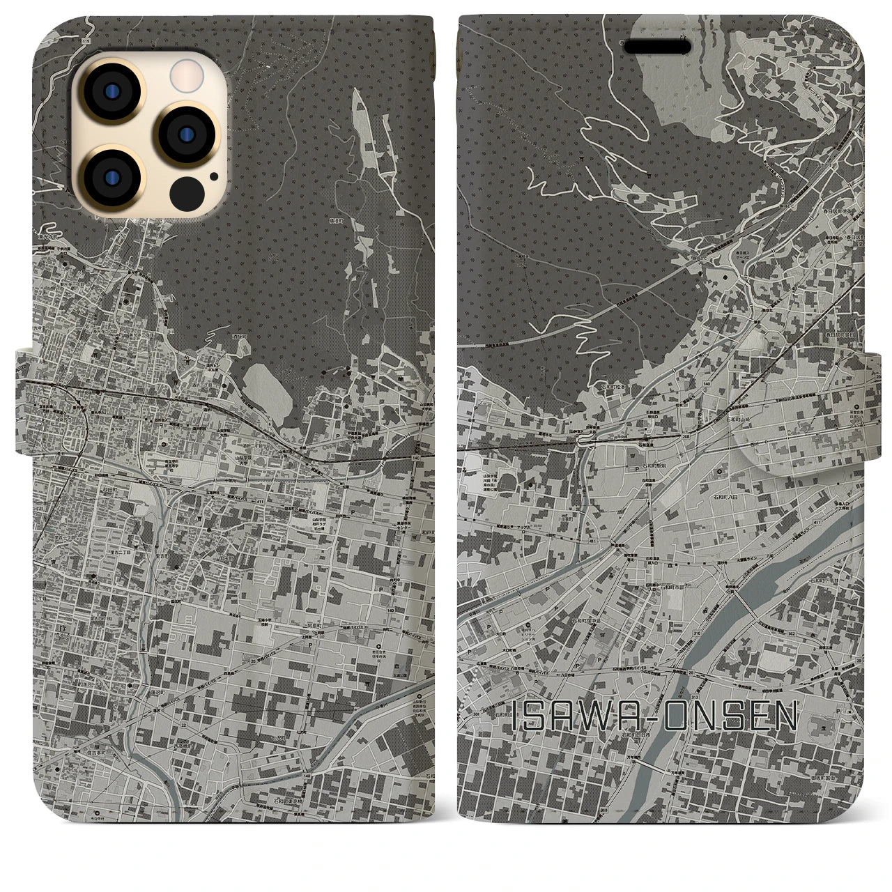 【石和温泉(山梨県)】地図柄iPhoneケース(手帳タイプ)モノトーン・iPhone 12 Pro Max 用