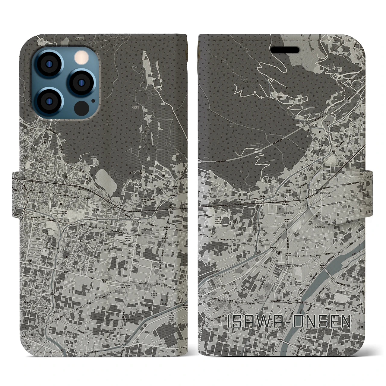 【石和温泉(山梨県)】地図柄iPhoneケース(手帳タイプ)モノトーン・iPhone 12 / 12 Pro 用