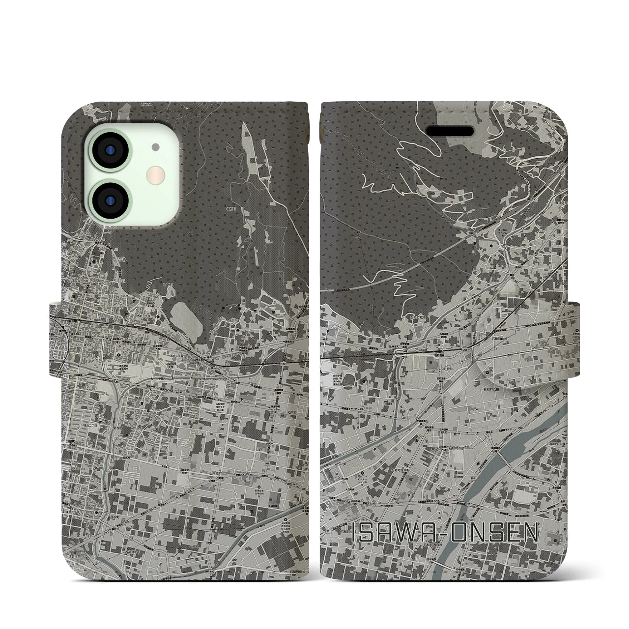 【石和温泉(山梨県)】地図柄iPhoneケース(手帳タイプ)モノトーン・iPhone 12 mini 用