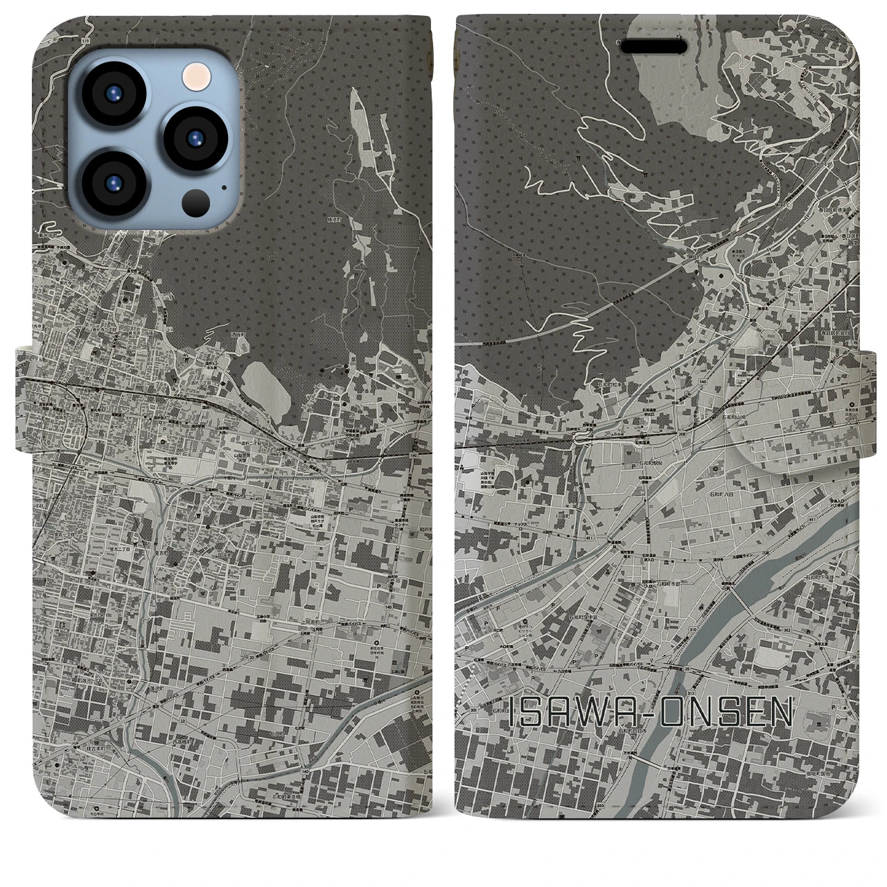 【石和温泉(山梨県)】地図柄iPhoneケース(手帳タイプ)モノトーン・iPhone 13 Pro Max 用