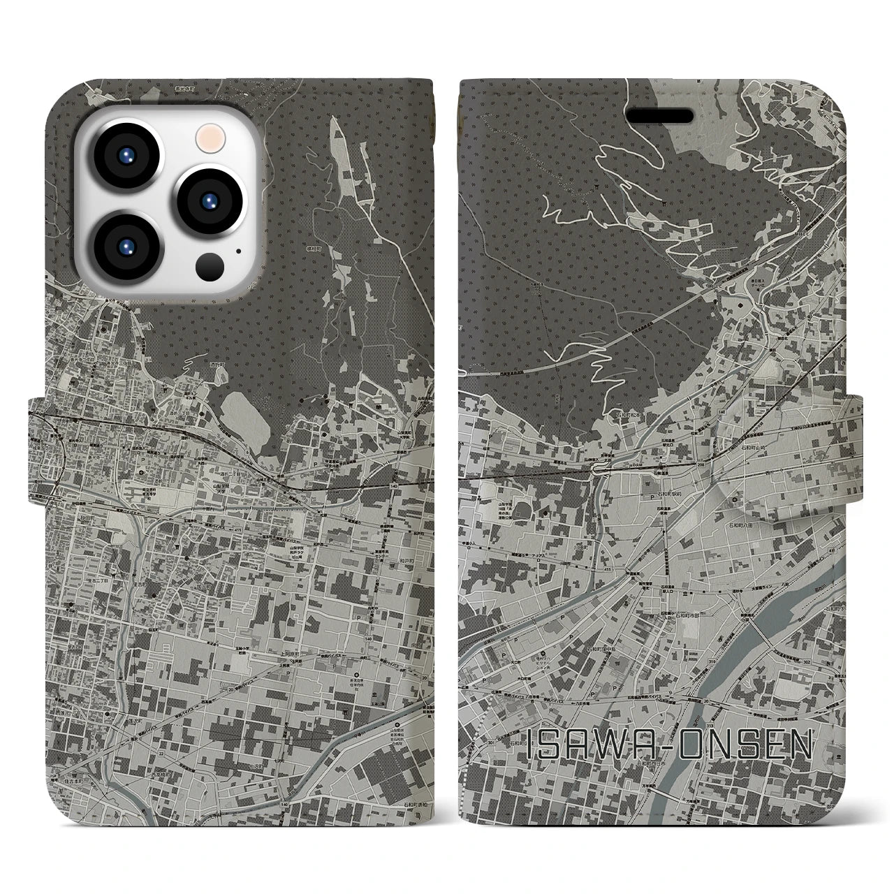 【石和温泉(山梨県)】地図柄iPhoneケース(手帳タイプ)モノトーン・iPhone 13 Pro 用