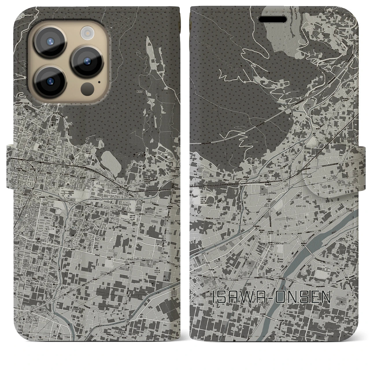 【石和温泉(山梨県)】地図柄iPhoneケース(手帳タイプ)モノトーン・iPhone 14 Pro Max 用