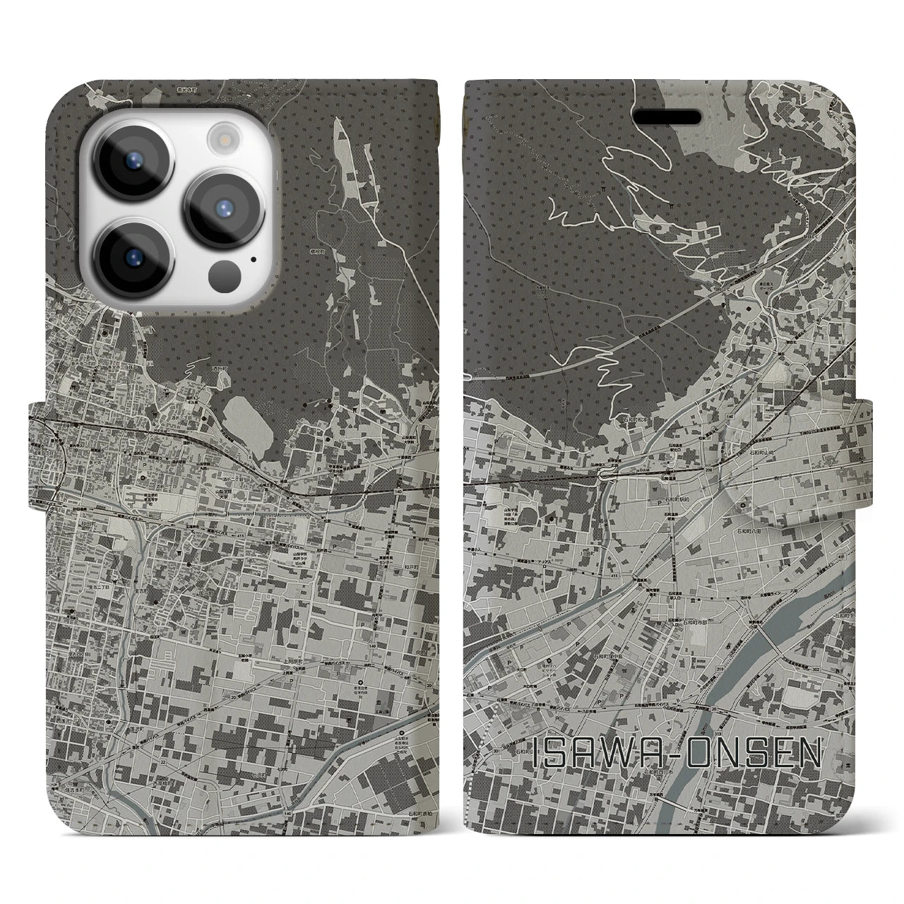 【石和温泉(山梨県)】地図柄iPhoneケース(手帳タイプ)モノトーン・iPhone 14 Pro 用