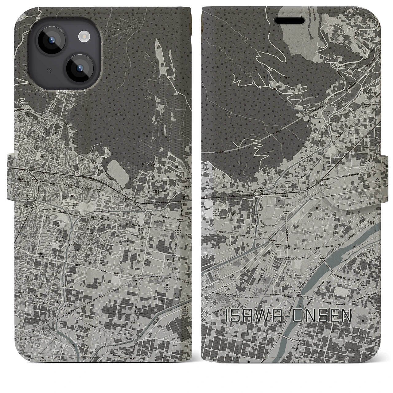 【石和温泉(山梨県)】地図柄iPhoneケース(手帳タイプ)モノトーン・iPhone 14 Plus 用
