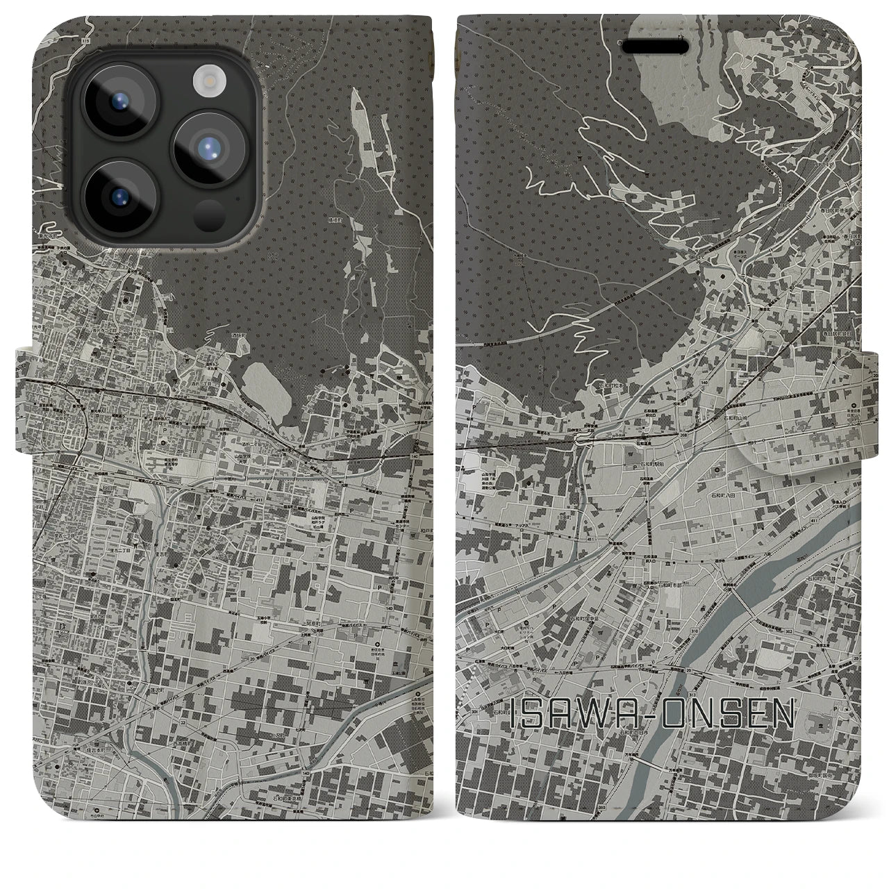【石和温泉(山梨県)】地図柄iPhoneケース(手帳タイプ)モノトーン・iPhone 15 Pro Max 用