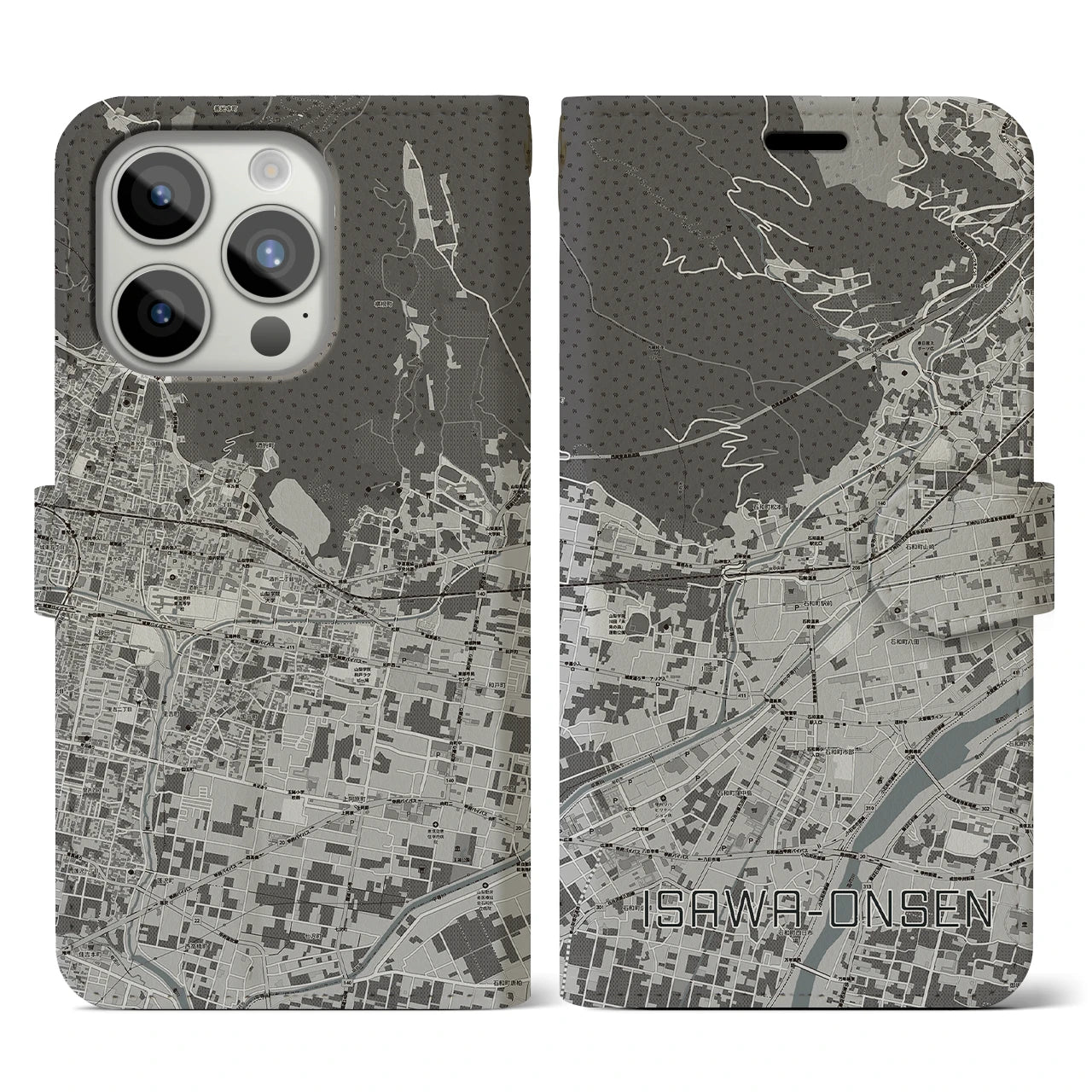 【石和温泉(山梨県)】地図柄iPhoneケース(手帳タイプ)モノトーン・iPhone 15 Pro 用