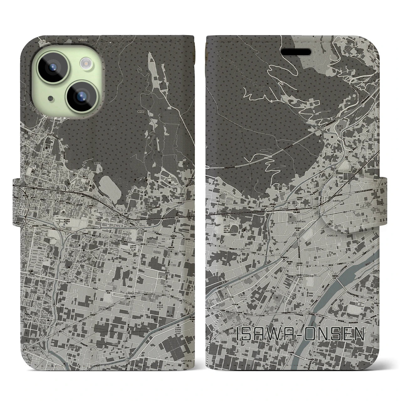 【石和温泉(山梨県)】地図柄iPhoneケース(手帳タイプ)モノトーン・iPhone 15 用