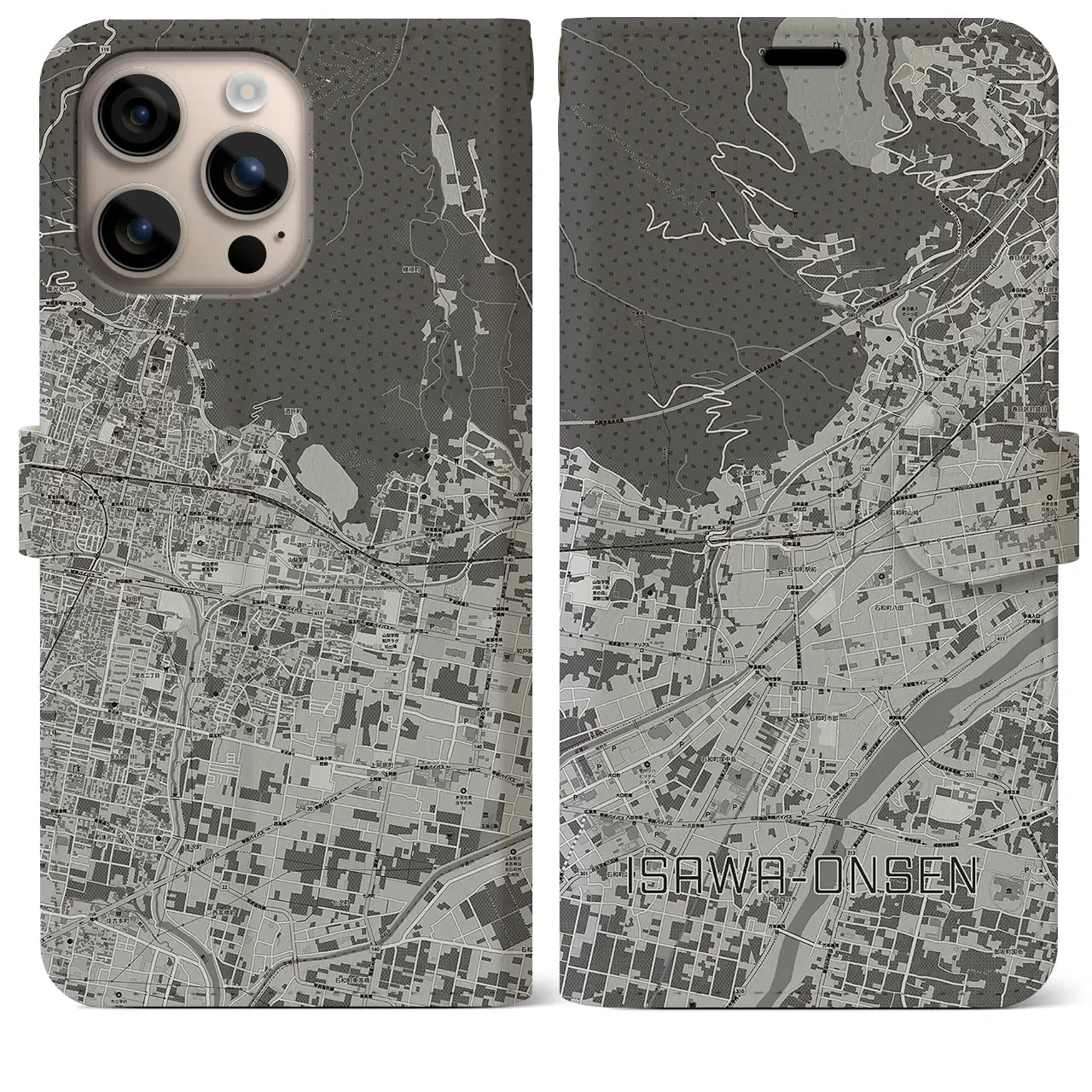 【石和温泉(山梨県)】地図柄iPhoneケース(手帳タイプ)モノトーン・iPhone 16 Plus 用