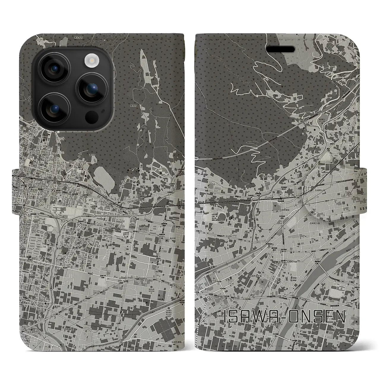 【石和温泉(山梨県)】地図柄iPhoneケース(手帳タイプ)モノトーン・iPhone 16 用