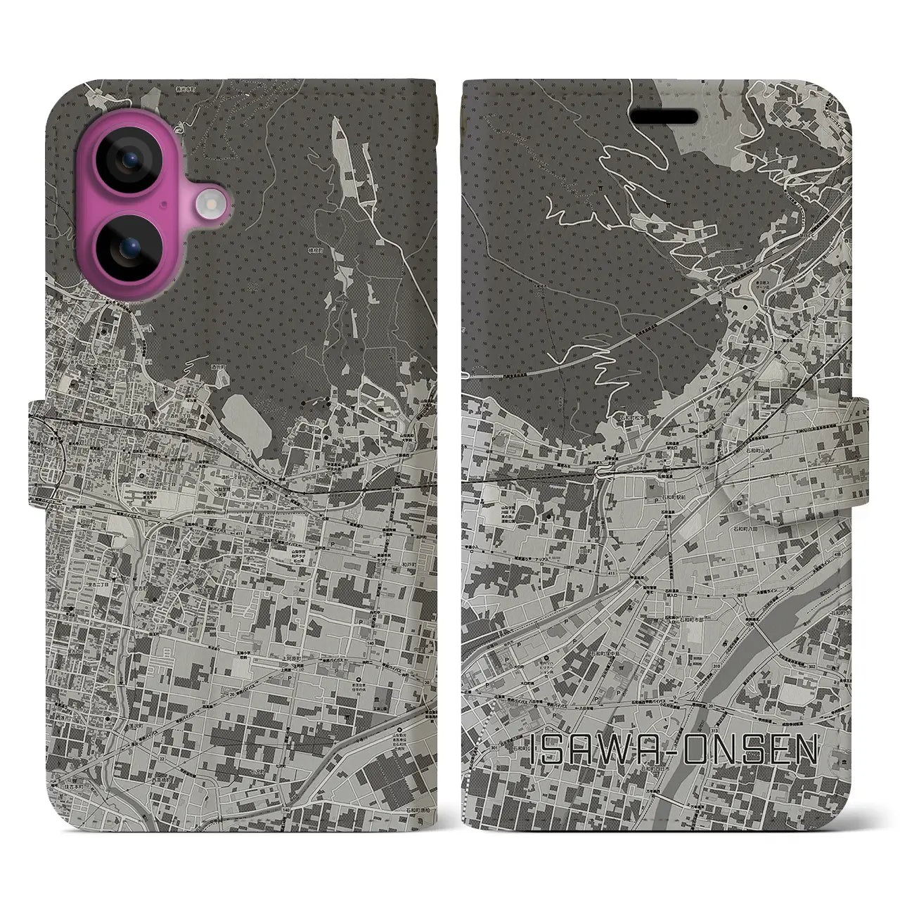 【石和温泉(山梨県)】地図柄iPhoneケース(手帳タイプ)モノトーン・iPhone 16 Pro 用