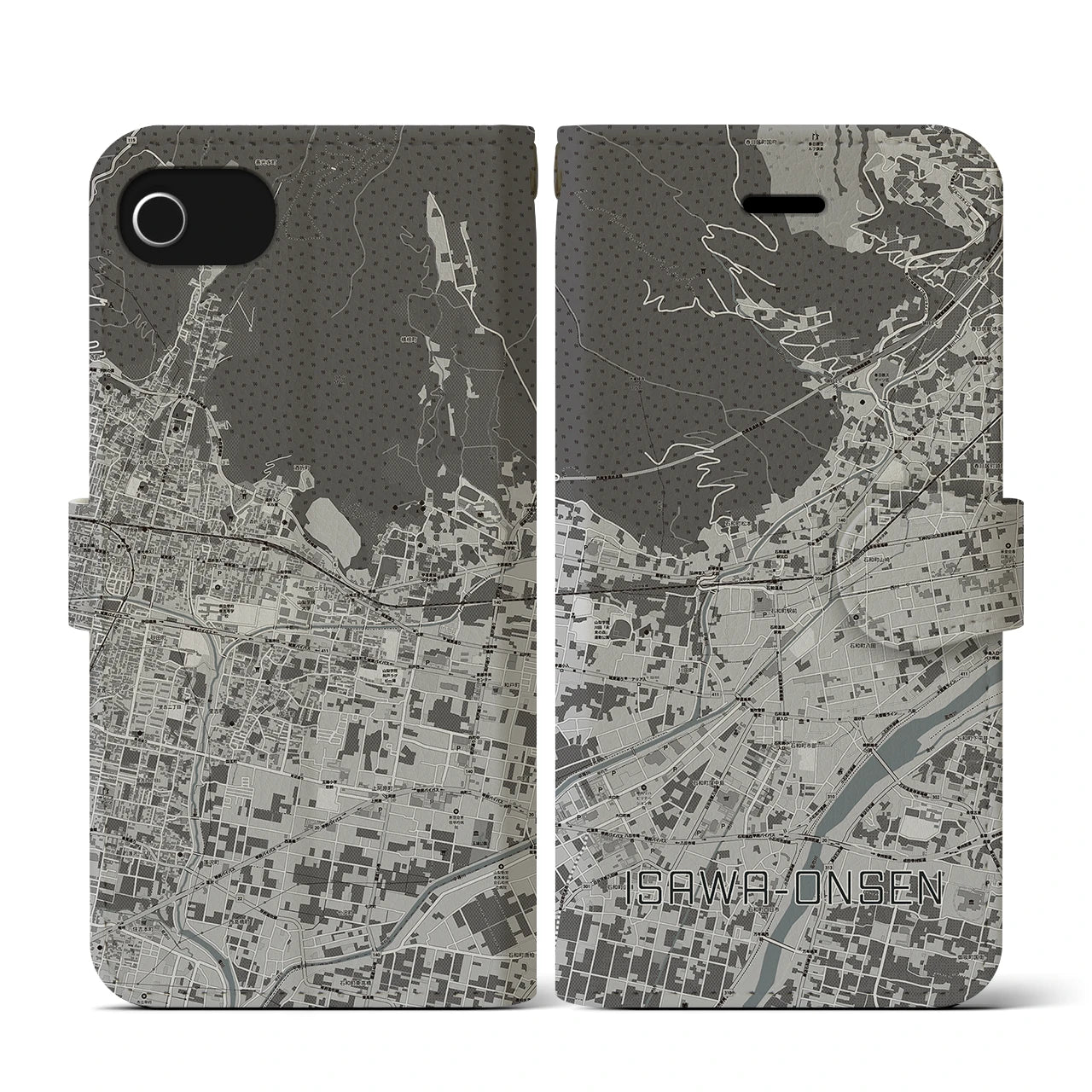 【石和温泉(山梨県)】地図柄iPhoneケース(手帳タイプ)モノトーン・iPhone SE(第3 / 第2世代) / 8 / 7 / 6s / 6 用