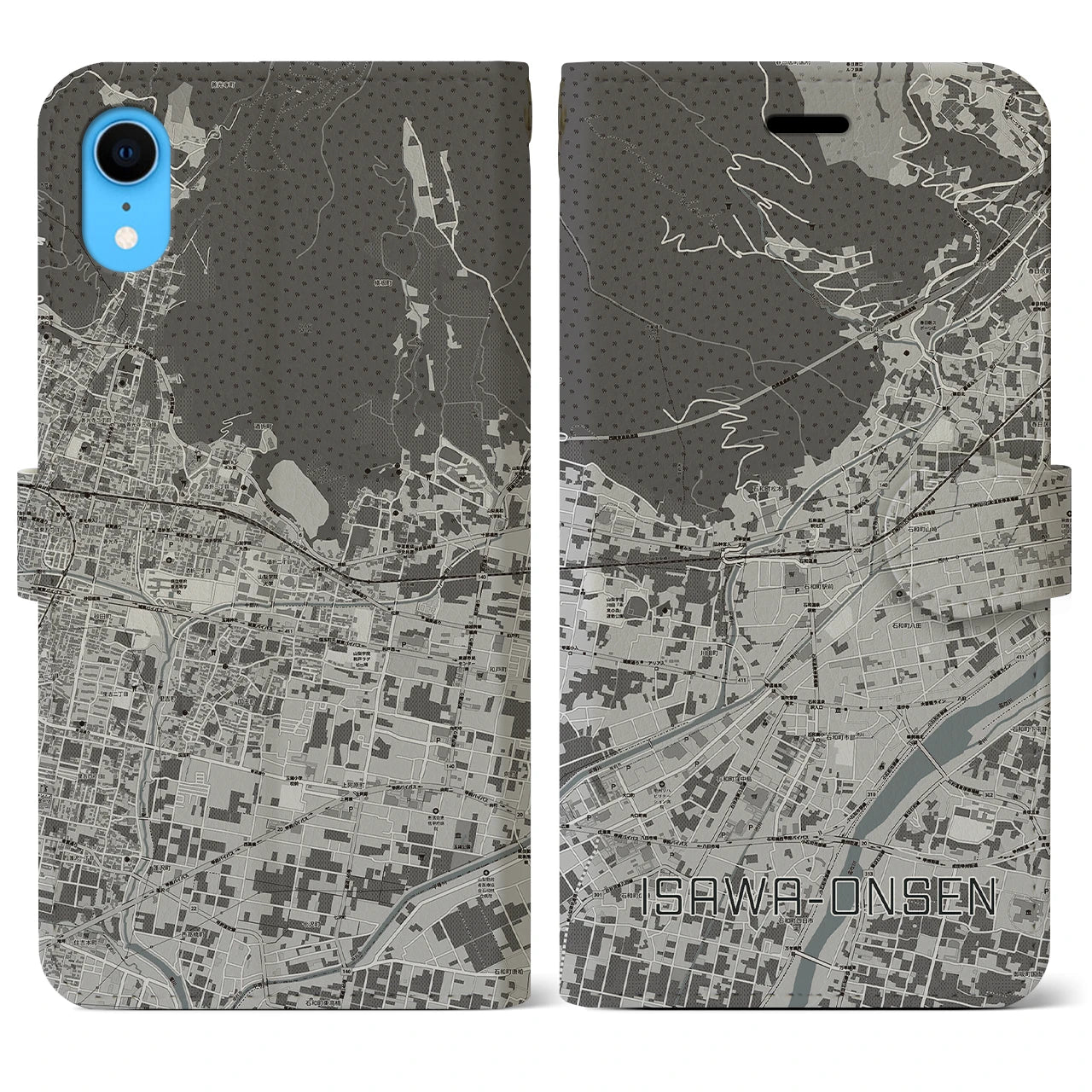 【石和温泉(山梨県)】地図柄iPhoneケース(手帳タイプ)モノトーン・iPhone XR 用