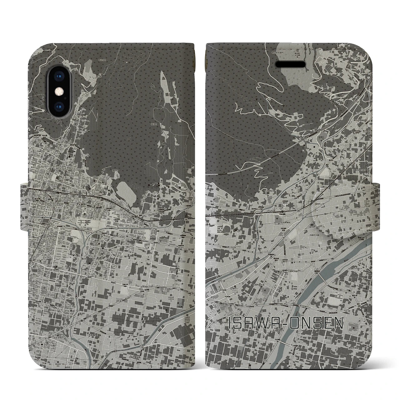 【石和温泉(山梨県)】地図柄iPhoneケース(手帳タイプ)モノトーン・iPhone XS / X 用