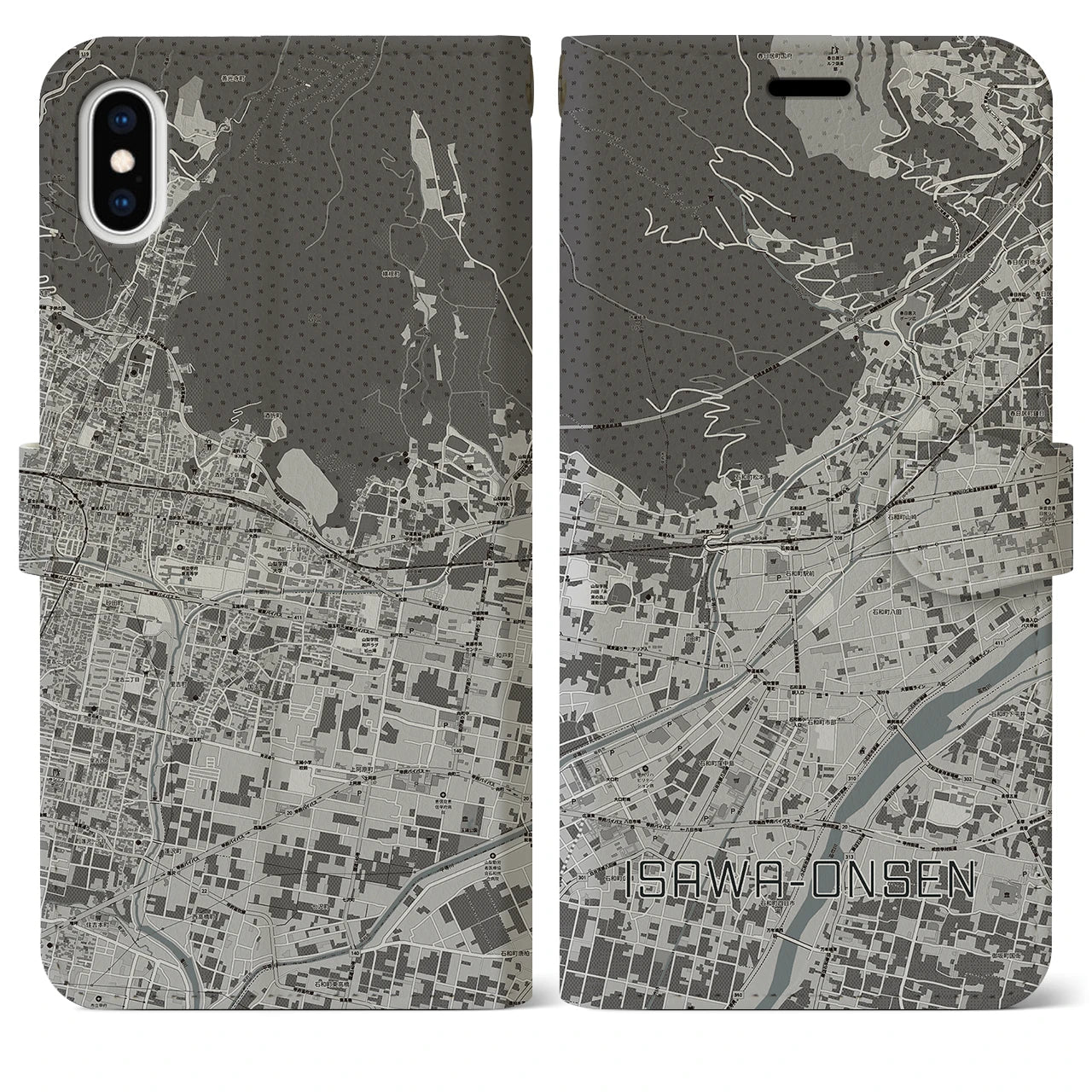 【石和温泉(山梨県)】地図柄iPhoneケース(手帳タイプ)モノトーン・iPhone XS Max 用