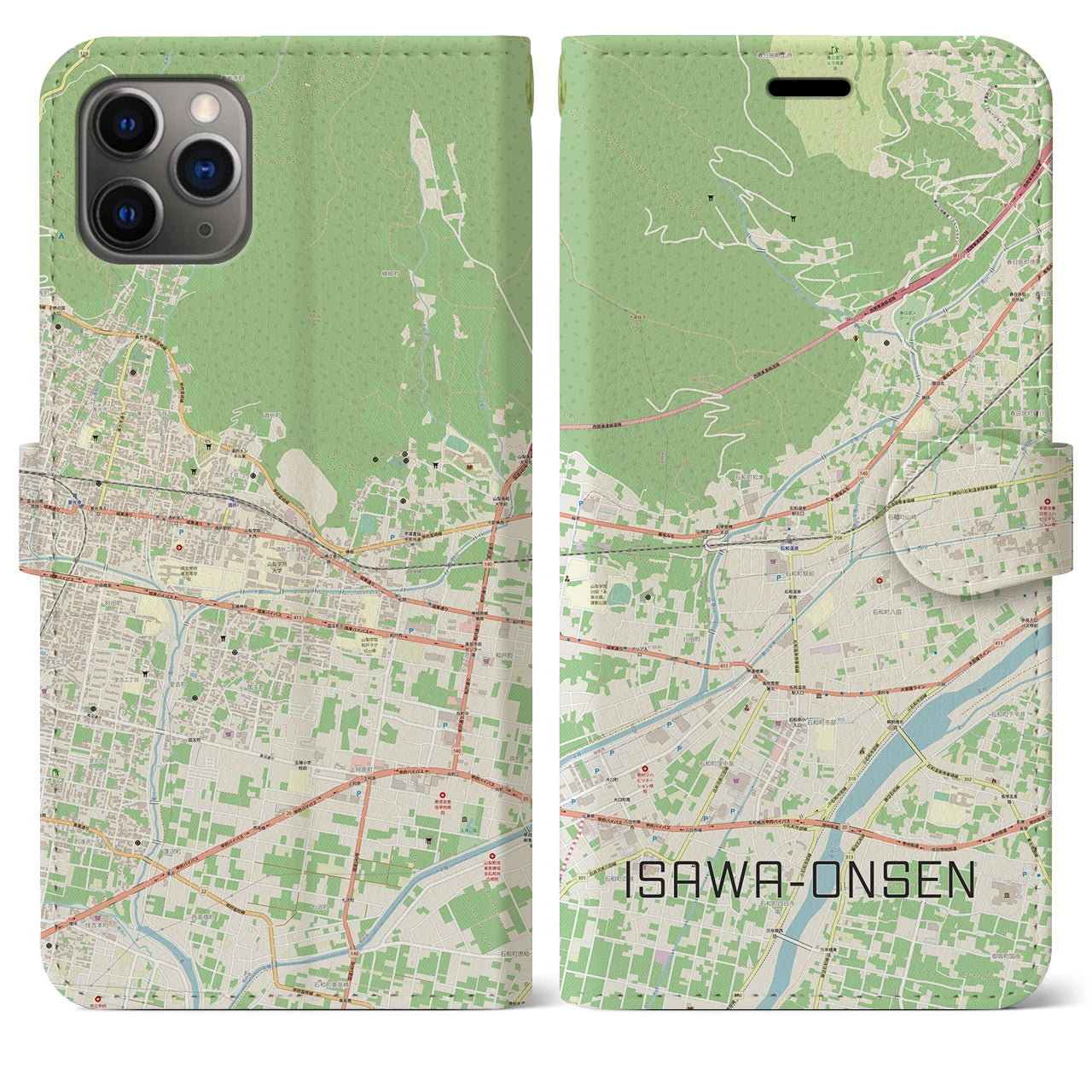 【石和温泉(山梨県)】地図柄iPhoneケース(手帳タイプ)ナチュラル・iPhone 11 Pro Max 用