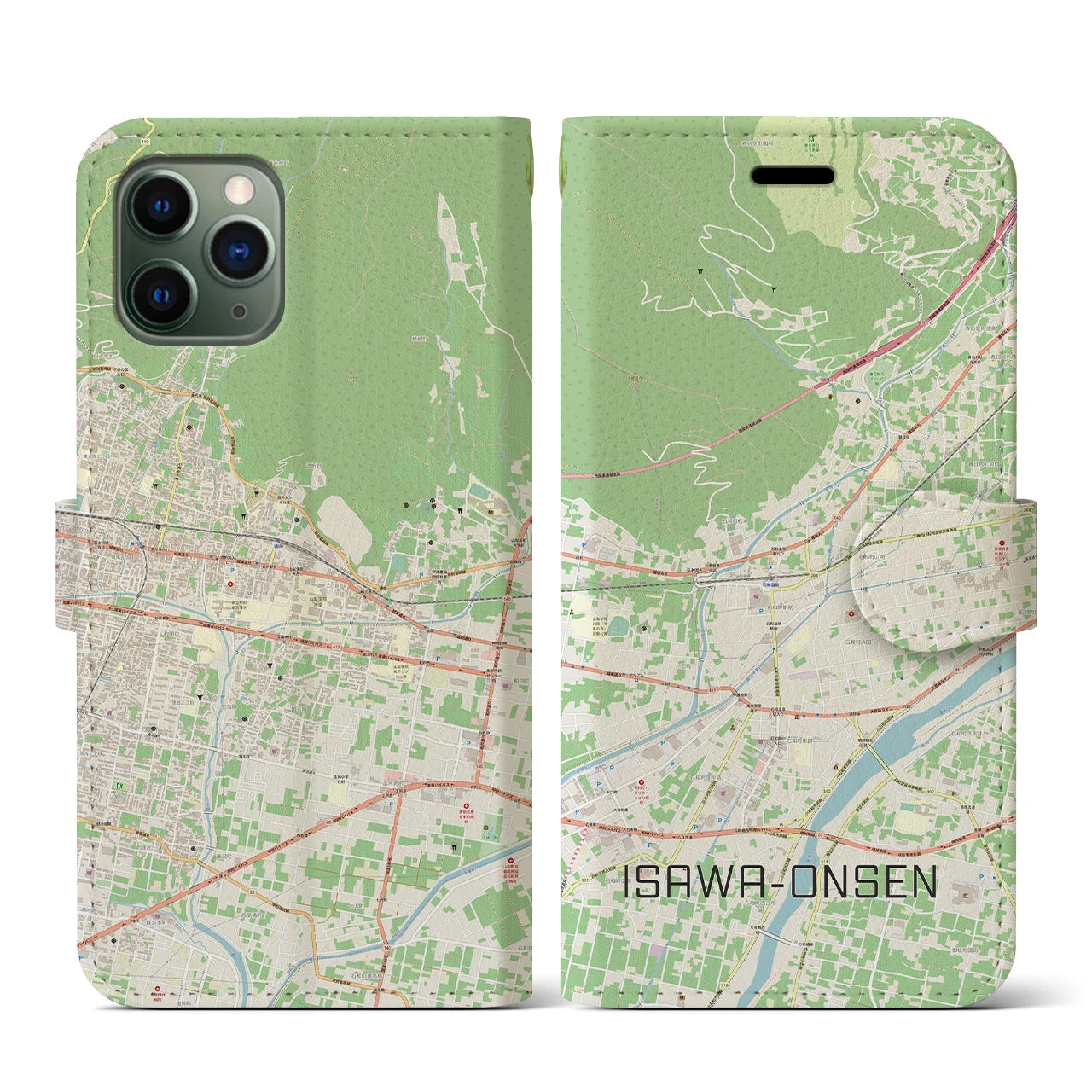 【石和温泉(山梨県)】地図柄iPhoneケース(手帳タイプ)ナチュラル・iPhone 11 Pro 用