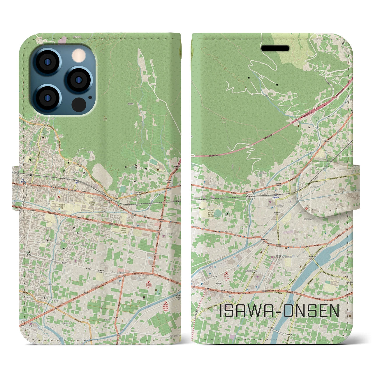 【石和温泉(山梨県)】地図柄iPhoneケース(手帳タイプ)ナチュラル・iPhone 12 / 12 Pro 用