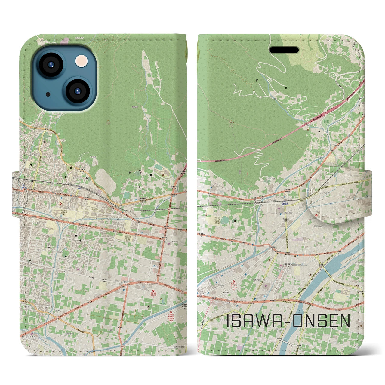 【石和温泉(山梨県)】地図柄iPhoneケース(手帳タイプ)ナチュラル・iPhone 13 用