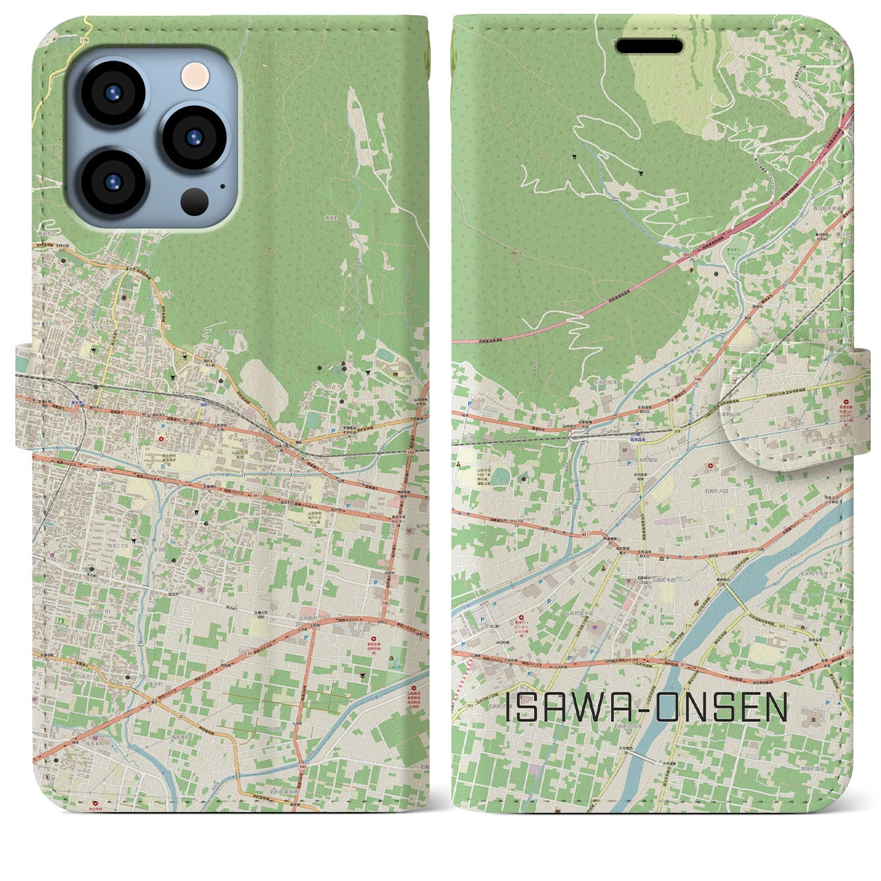 【石和温泉(山梨県)】地図柄iPhoneケース(手帳タイプ)ナチュラル・iPhone 13 Pro Max 用