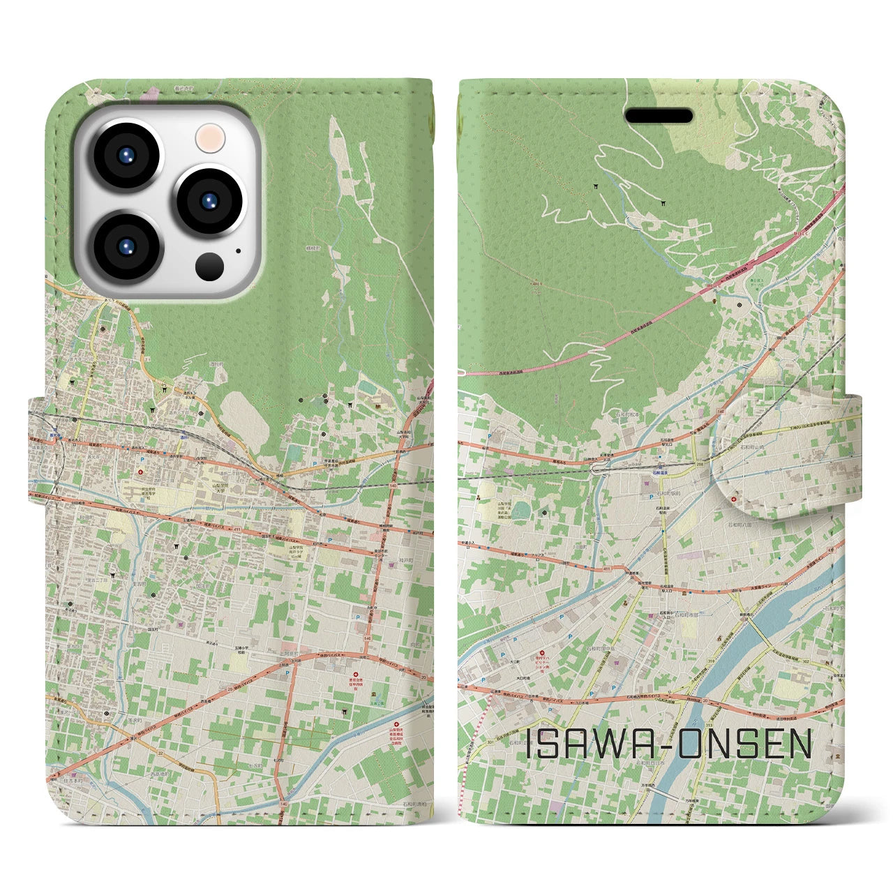 【石和温泉(山梨県)】地図柄iPhoneケース(手帳タイプ)ナチュラル・iPhone 13 Pro 用