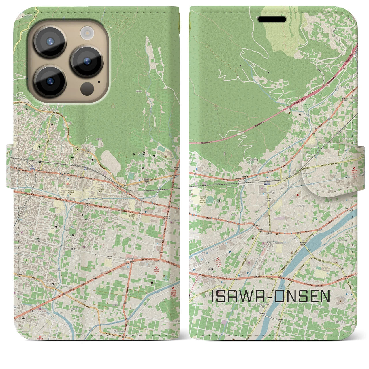 【石和温泉(山梨県)】地図柄iPhoneケース(手帳タイプ)ナチュラル・iPhone 14 Pro Max 用
