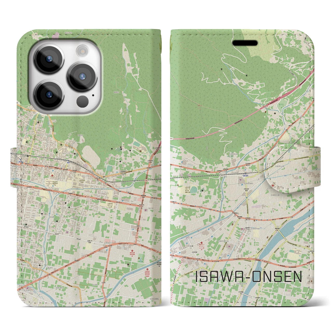 【石和温泉(山梨県)】地図柄iPhoneケース(手帳タイプ)ナチュラル・iPhone 14 Pro 用