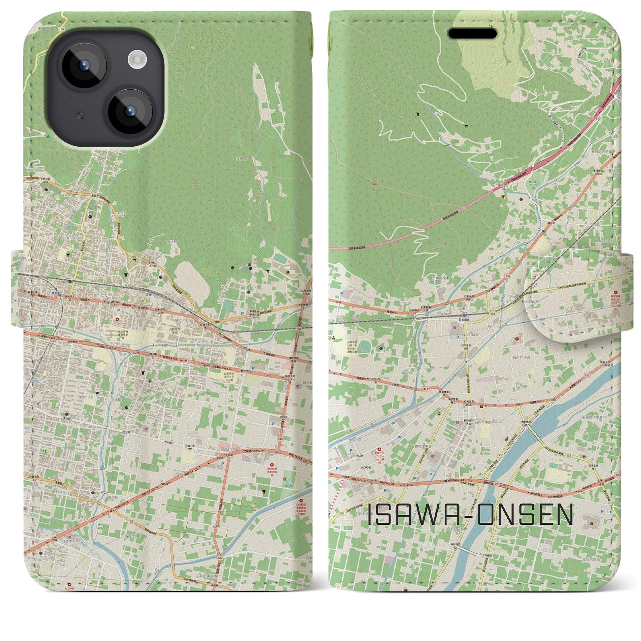 【石和温泉(山梨県)】地図柄iPhoneケース(手帳タイプ)ナチュラル・iPhone 14 Plus 用