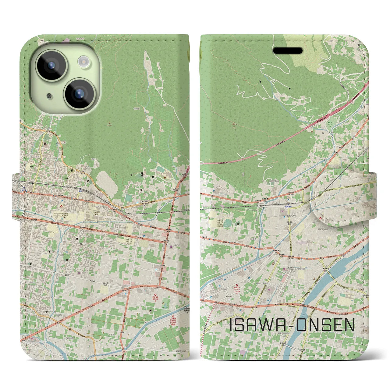 【石和温泉(山梨県)】地図柄iPhoneケース(手帳タイプ)ナチュラル・iPhone 15 用