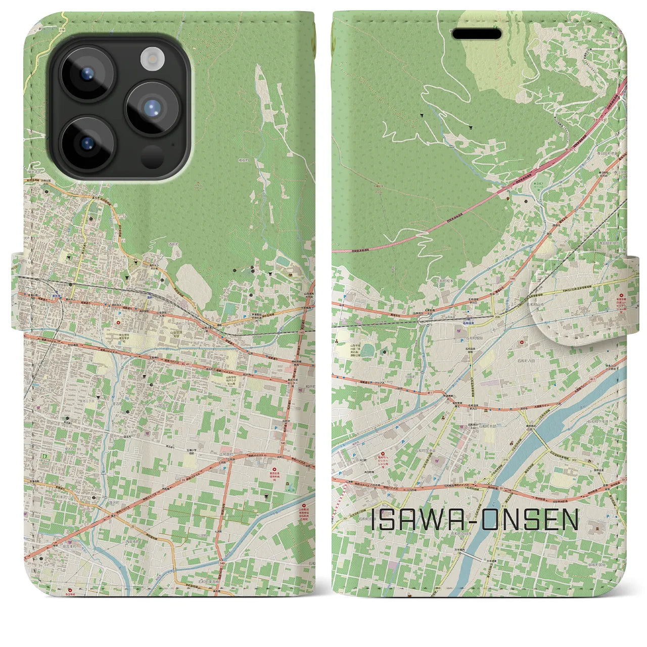 【石和温泉(山梨県)】地図柄iPhoneケース(手帳タイプ)ナチュラル・iPhone 15 Pro Max 用
