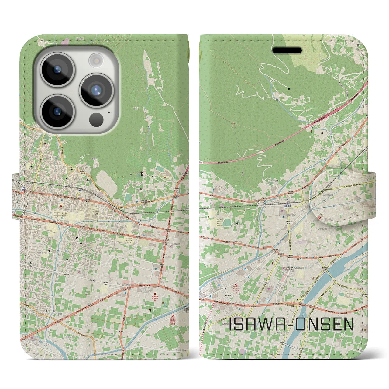 【石和温泉(山梨県)】地図柄iPhoneケース(手帳タイプ)ナチュラル・iPhone 15 Pro 用