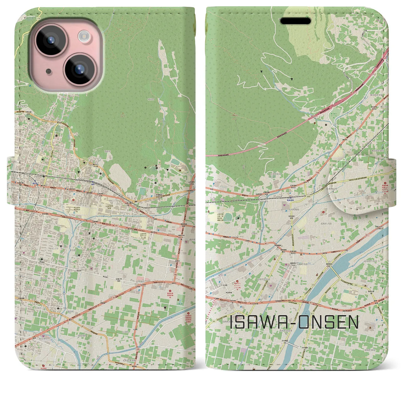 【石和温泉(山梨県)】地図柄iPhoneケース(手帳タイプ)ナチュラル・iPhone 15 Plus 用