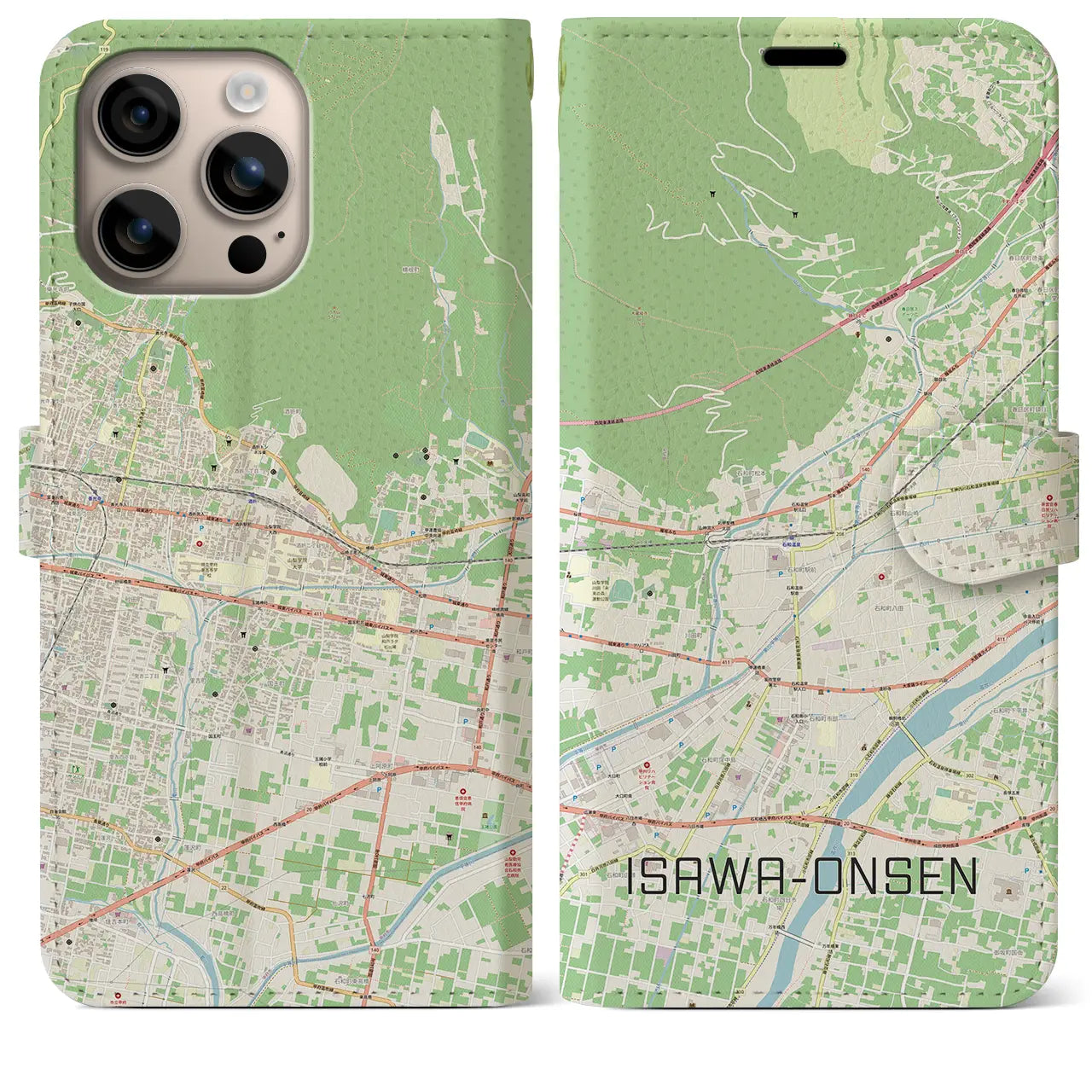 【石和温泉(山梨県)】地図柄iPhoneケース(手帳タイプ)ナチュラル・iPhone 16 Plus 用