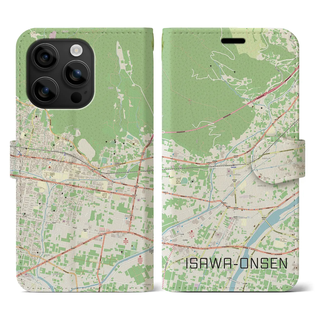 【石和温泉(山梨県)】地図柄iPhoneケース(手帳タイプ)ナチュラル・iPhone 16 用