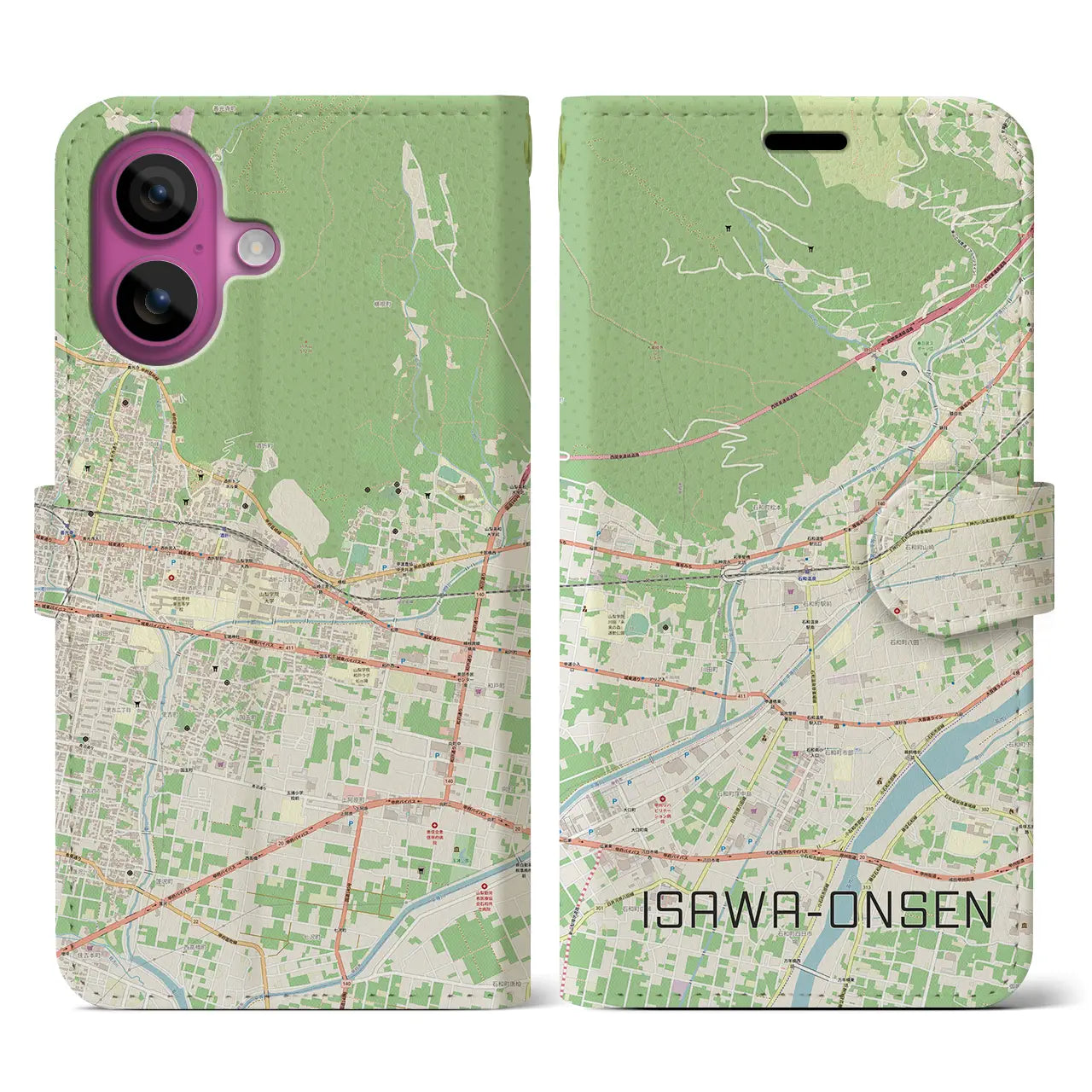 【石和温泉(山梨県)】地図柄iPhoneケース(手帳タイプ)ナチュラル・iPhone 16 Pro 用