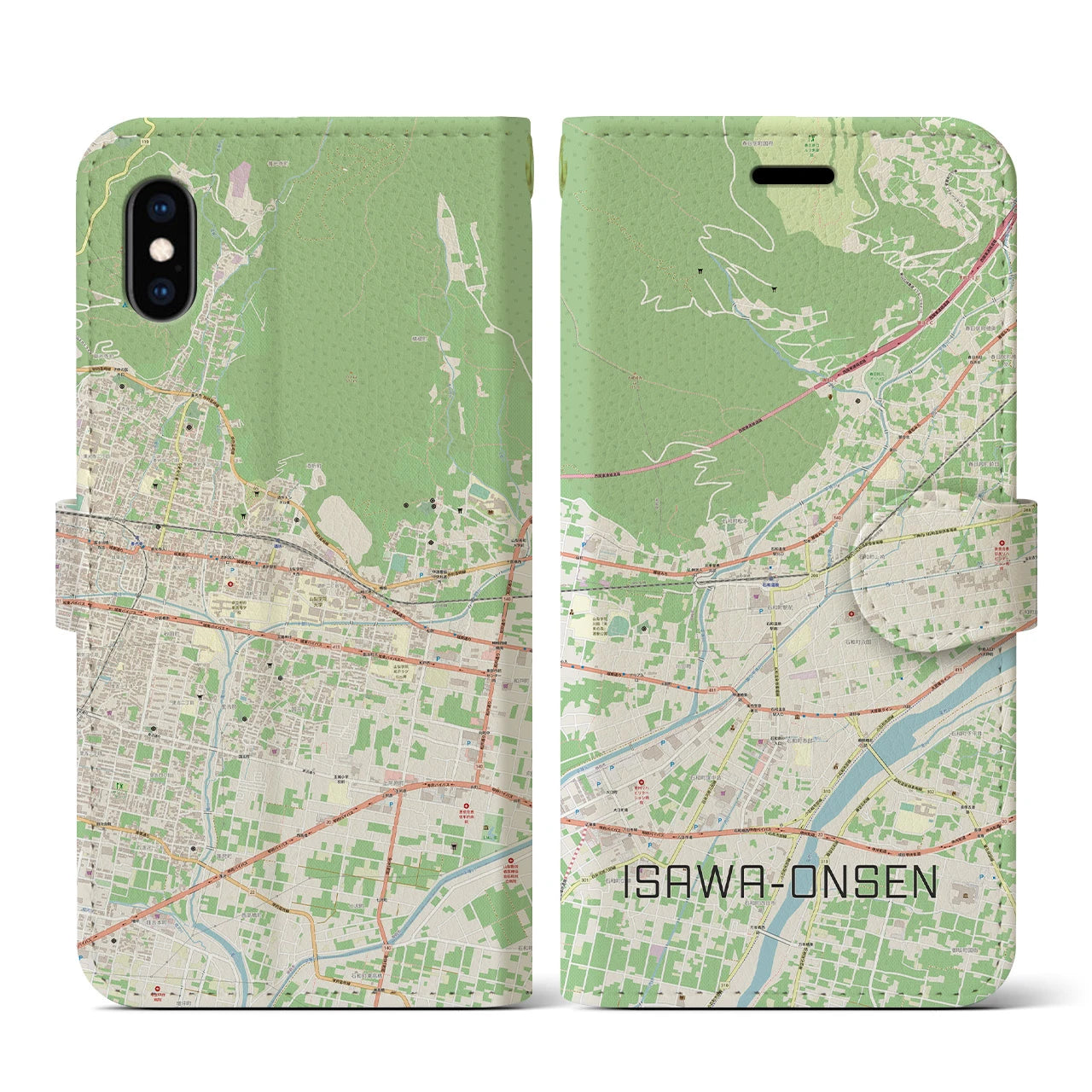 【石和温泉(山梨県)】地図柄iPhoneケース(手帳タイプ)ナチュラル・iPhone XS / X 用