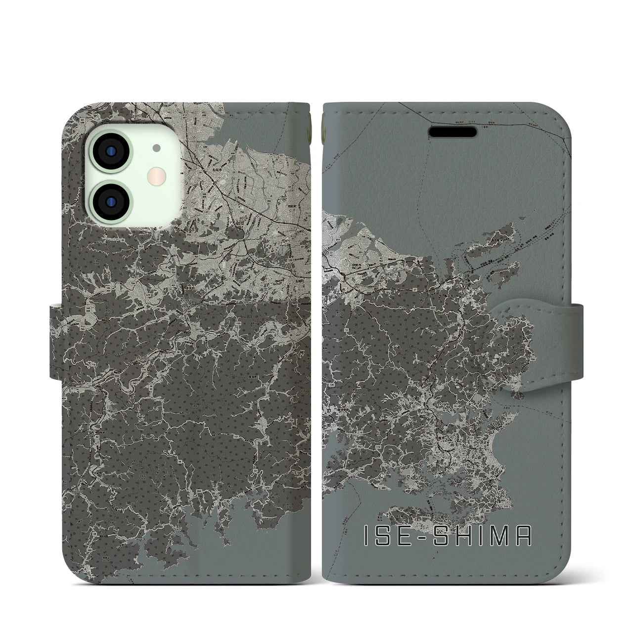 【伊勢志摩(三重県)】地図柄iPhoneケース(手帳タイプ)モノトーン・iPhone 12 mini 用