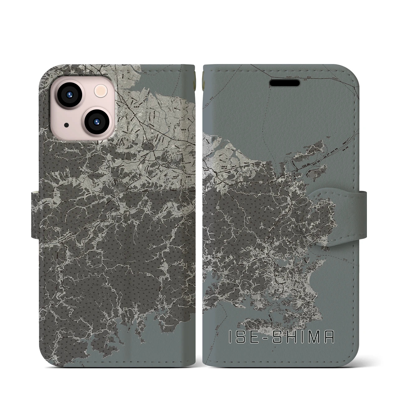 【伊勢志摩(三重県)】地図柄iPhoneケース(手帳タイプ)モノトーン・iPhone 13 mini 用
