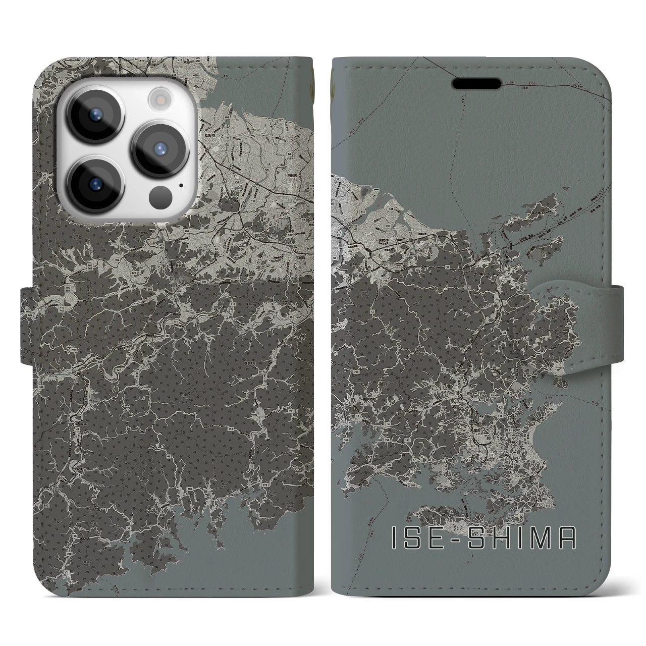 【伊勢志摩(三重県)】地図柄iPhoneケース(手帳タイプ)モノトーン・iPhone 14 Pro 用