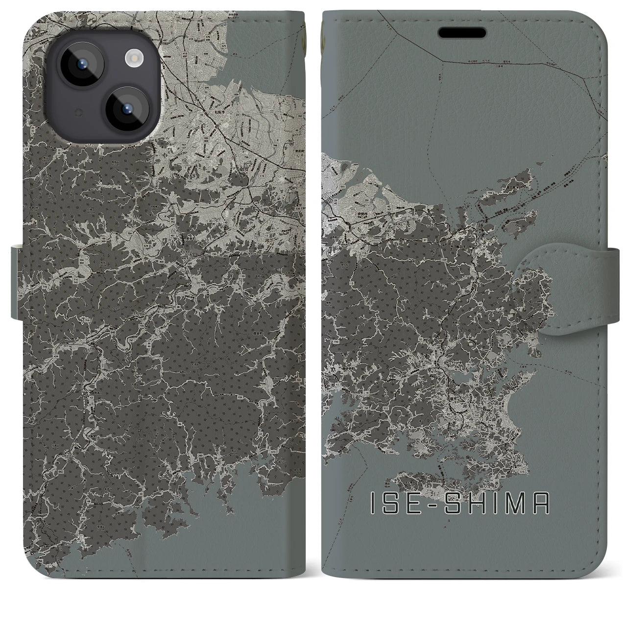 【伊勢志摩(三重県)】地図柄iPhoneケース(手帳タイプ)モノトーン・iPhone 14 Plus 用
