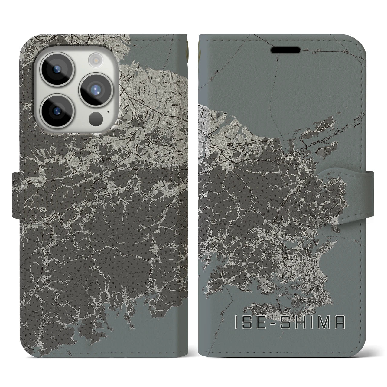 【伊勢志摩(三重県)】地図柄iPhoneケース(手帳タイプ)モノトーン・iPhone 15 Pro 用