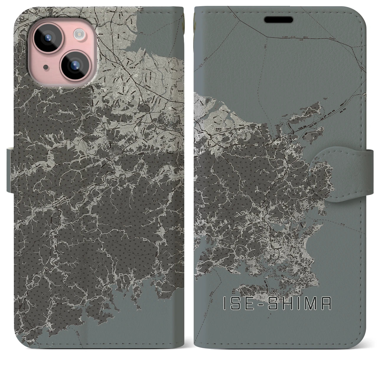 【伊勢志摩(三重県)】地図柄iPhoneケース(手帳タイプ)モノトーン・iPhone 15 Plus 用
