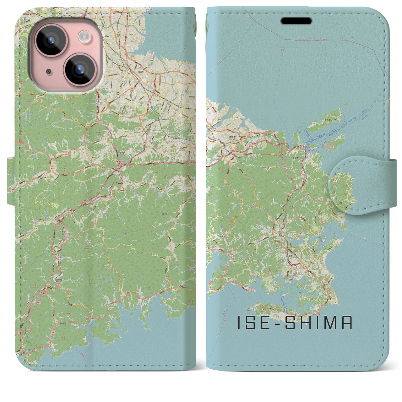【伊勢志摩(三重県)】地図柄iPhoneケース(手帳タイプ)ナチュラル・iPhone 15 Plus 用